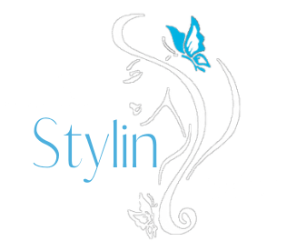 Just Stylin logo with light blue script and a butterfly illustration